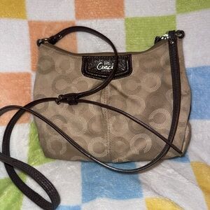 Coach Ashley Pleated Signature Crossbody Tan Brown Jacquard Patent Leather